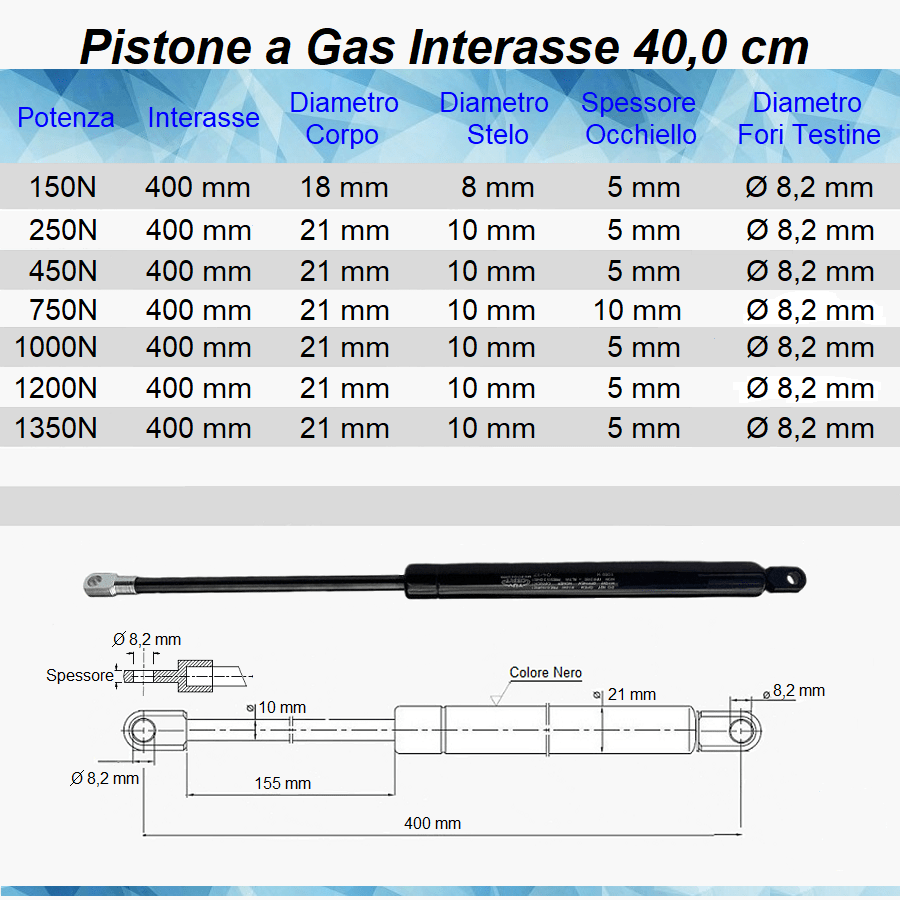 Pistone Molla a Gas Interasse 400 mm Foro 8,2 mm per Letto Contenitore