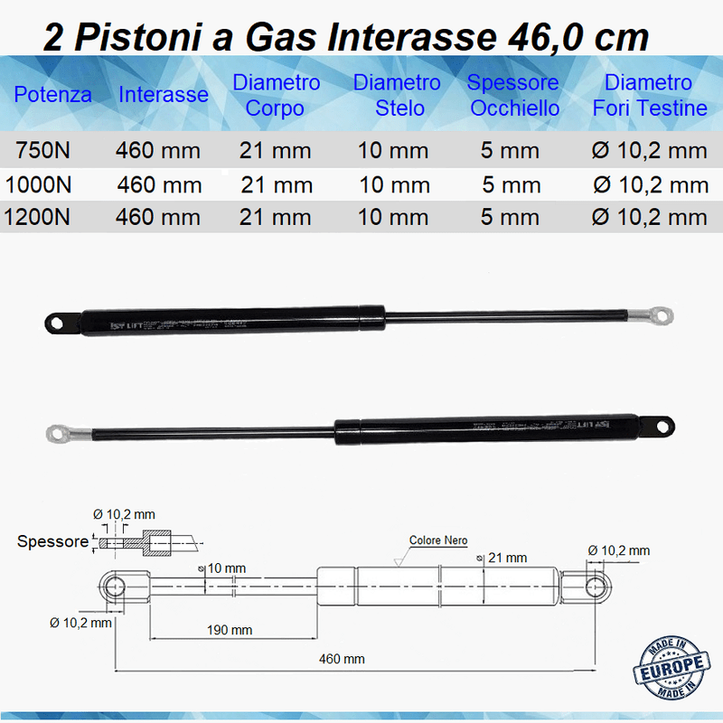 Pistone Molla a Gas Interasse 460 mm Foro 10,2 mm