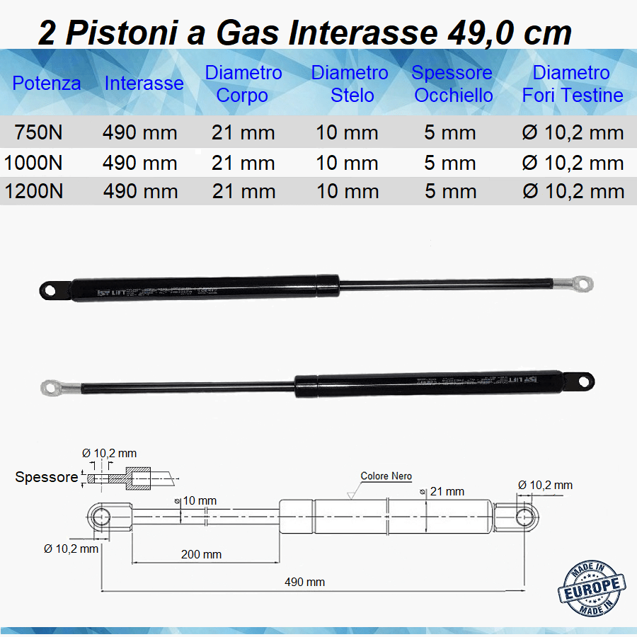 Pistone Molla a Gas Interasse 490 mm Foro 10,2 mm