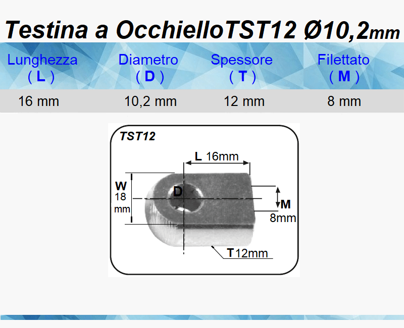 Testina a Occhiello Foro 10.1 mm TST12 per Pistone Molla a Gas