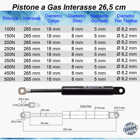 Pistone Molla a Gas Interasse 265 mm, Foro Ø 8,2 mm Ricambio