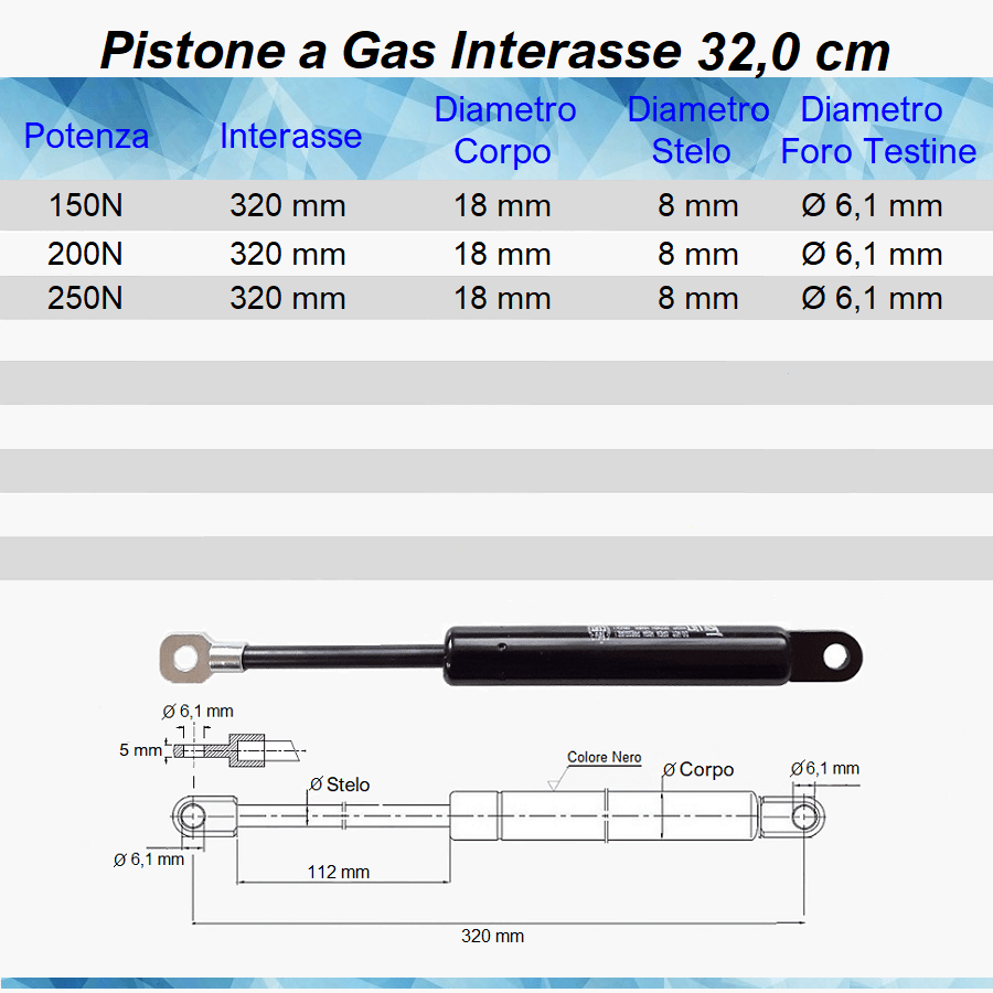 Pistone Molla a Gas Interasse 320 mm, Foro Ø 6,1 mm - Ricambio