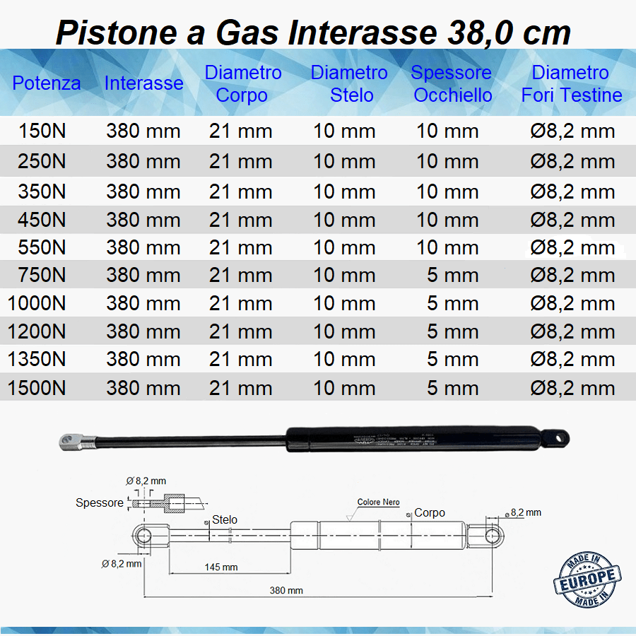 Pistone Molla a Gas Interasse 380 mm Foro 8,2 mm per Letto Contenitore