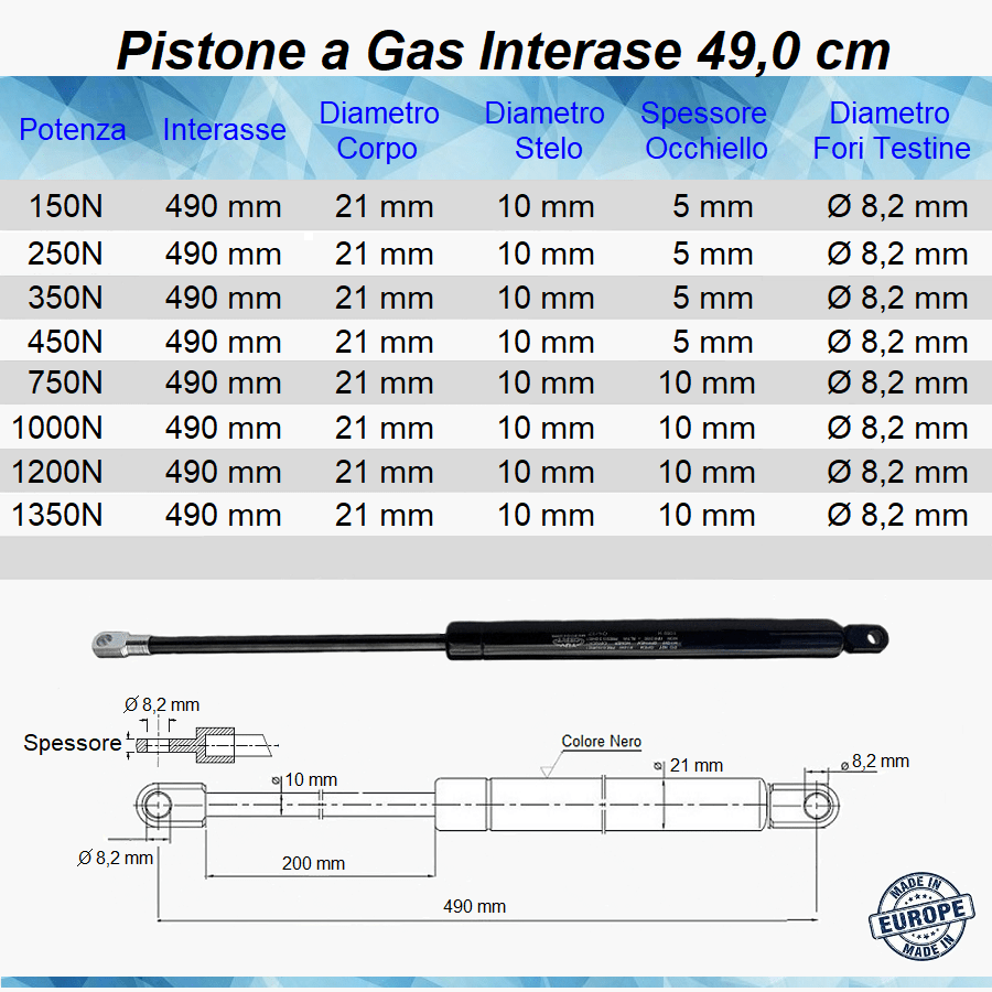 Pistone Molla a Gas Interasse 490 mm, Foro Ø 8,2 mm - Ricambio