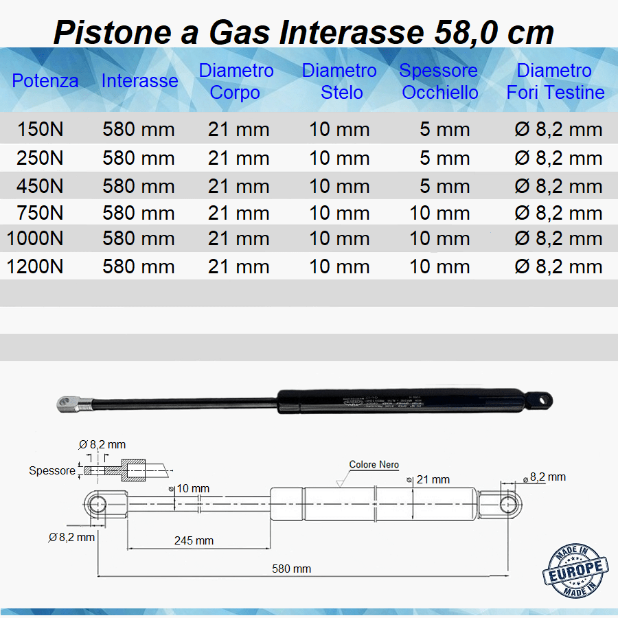 Pistone Molla a Gas Interasse 580 mm, Foro Ø 8,2 mm - Ricambio