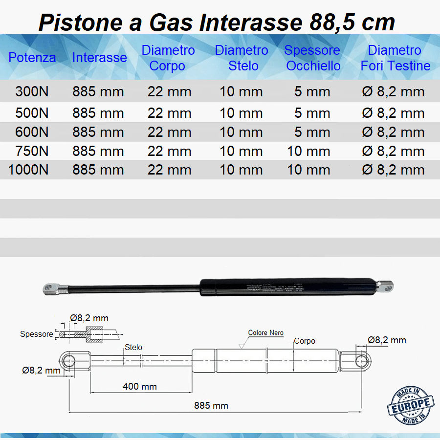 Pistone Molla a Gas Interasse 885 mm, Foro Ø 8,2 mm - Ricambio