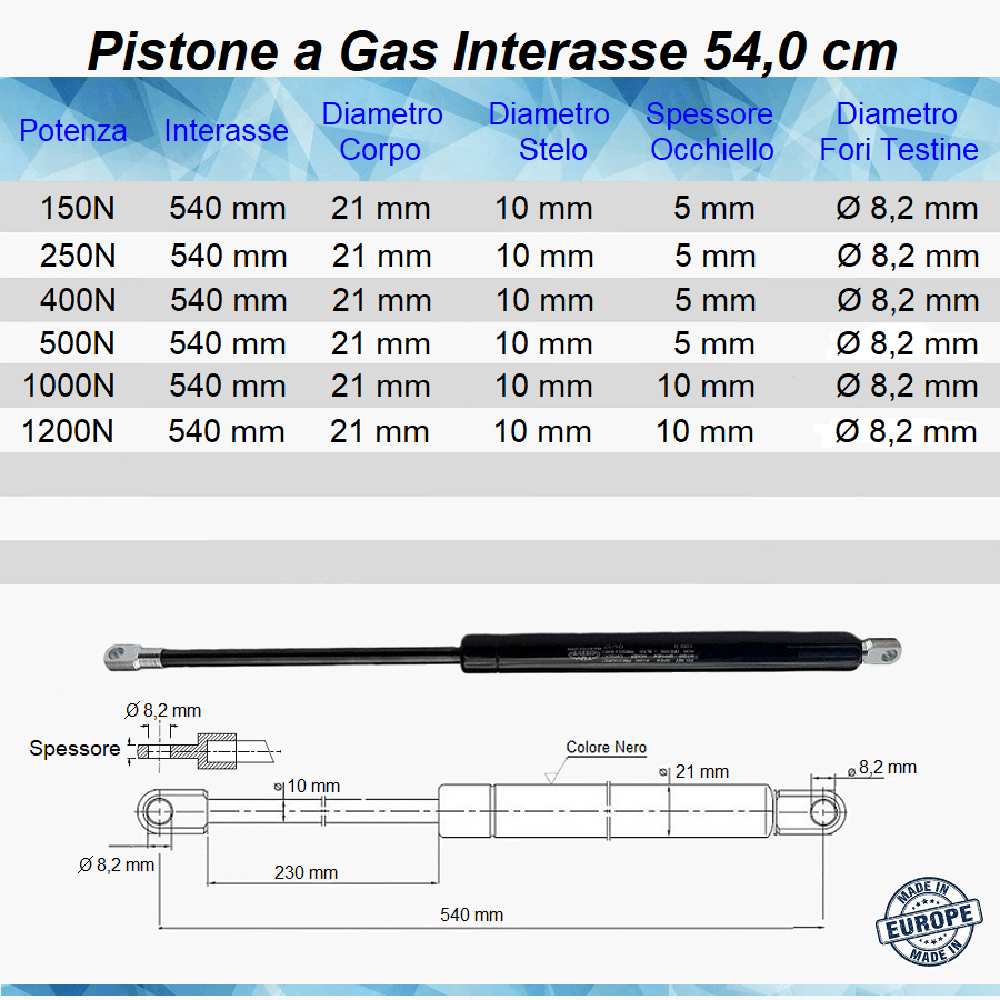 Pistone Molla a Gas Interasse 540 mm, Foro Ø 8,2 mm - Ricambio