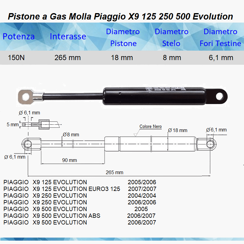 PISTONE A GAS MOLLA AMMORTIZZATORE PER SELLA PIAGGIO X9 125 250 500 EVOLUTION